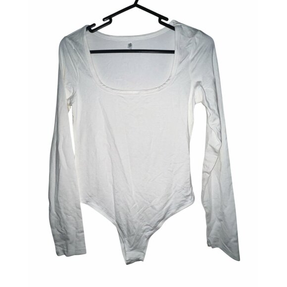 Halara U Neck Long Sleeve Snap Skinny Work Bodysuit Sz Small Womens White - Picture 2 of 5